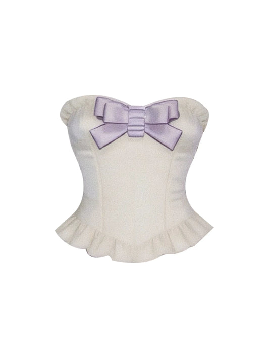 Ornate Strapless Corset Floral Bodycon Mini Skirt Sweet Cream & Lavender Two-Piece Set Bow Detail Short Dress AP5837