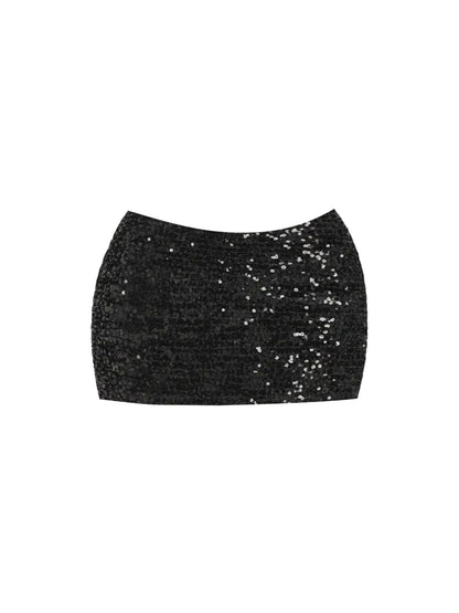 Luxurious Two-Piece Set Off-Shoulder Bodycon Mini Skirt Charming Black Long-Sleeve Top Crystal Starfish Accents Sequin Short Dress AP5840