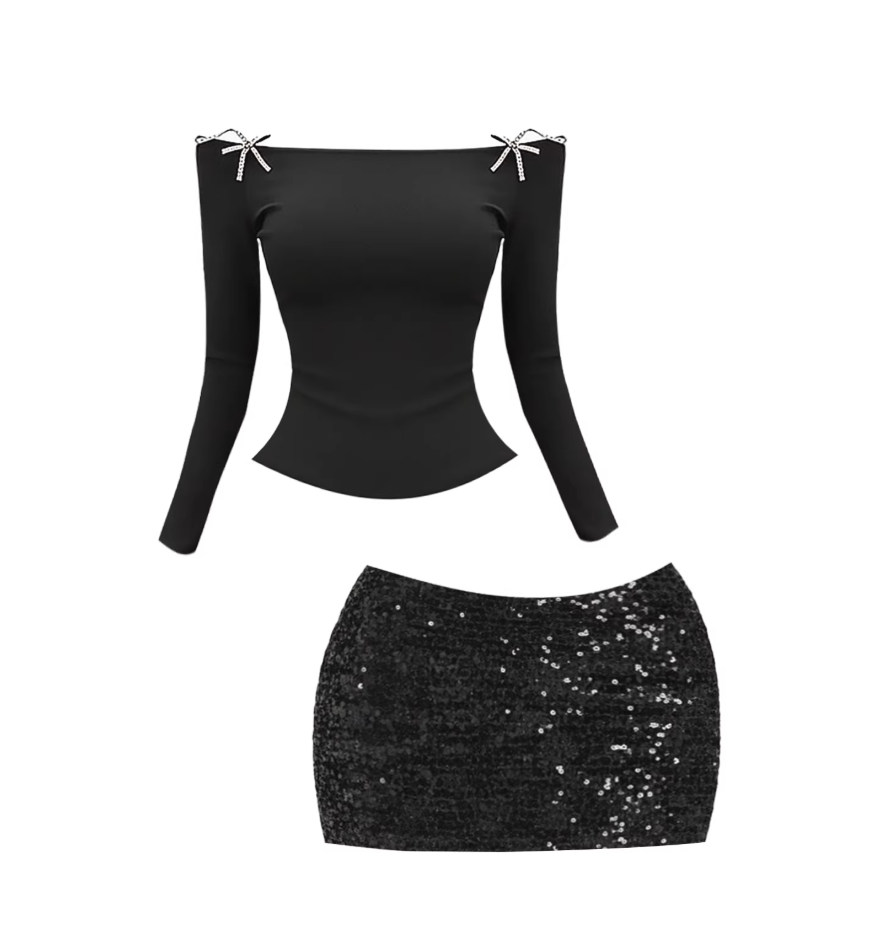 Luxurious Two-Piece Set Off-Shoulder Bodycon Mini Skirt Charming Black Long-Sleeve Top Crystal Starfish Accents Sequin Short Dress AP5840