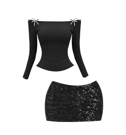 Luxurious Two-Piece Set Off-Shoulder Bodycon Mini Skirt Charming Black Long-Sleeve Top Crystal Starfish Accents Sequin Short Dress AP5840