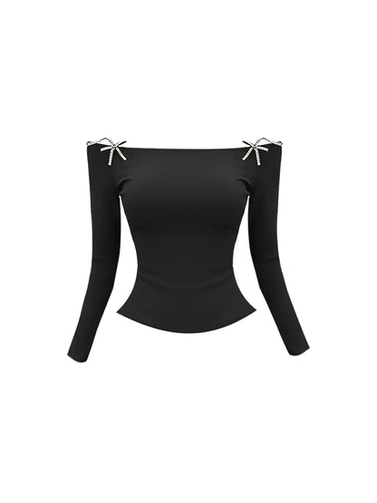 Luxurious Two-Piece Set Off-Shoulder Bodycon Mini Skirt Charming Black Long-Sleeve Top Crystal Starfish Accents Sequin Short Dress AP5840