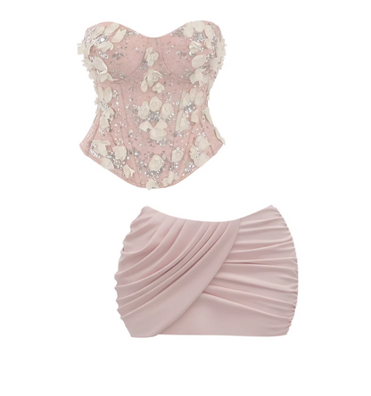 Luxury 2-Piece 3D Floral Sequin Detail Bodycon Mini Skirt Chic Blush Pink Corset Ruched Short Dress AP5841