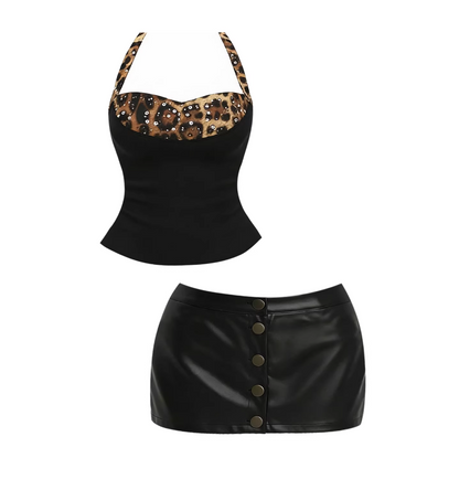 Graceful Halter Neck Two-Piece Set Mini Dress Classical Black & Leopard Print Sequin Accent Faux Leather Short Dress AP5842