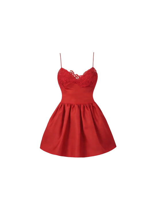Elegant Spaghetti Strap V-Neck A-Line Mini Skirt Sexy Red Sling Lace Bust Flared Short Dress AP5843