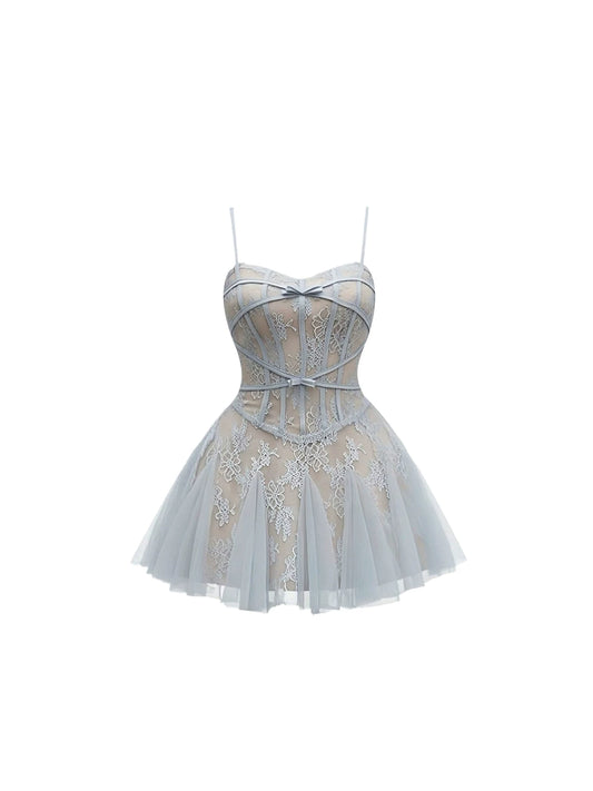Classical Spaghetti Strap Bodice A-Line Mini Skirt Sweet Light Blue Sheer Lace Corset Layered Tulle Short Dress AP5844