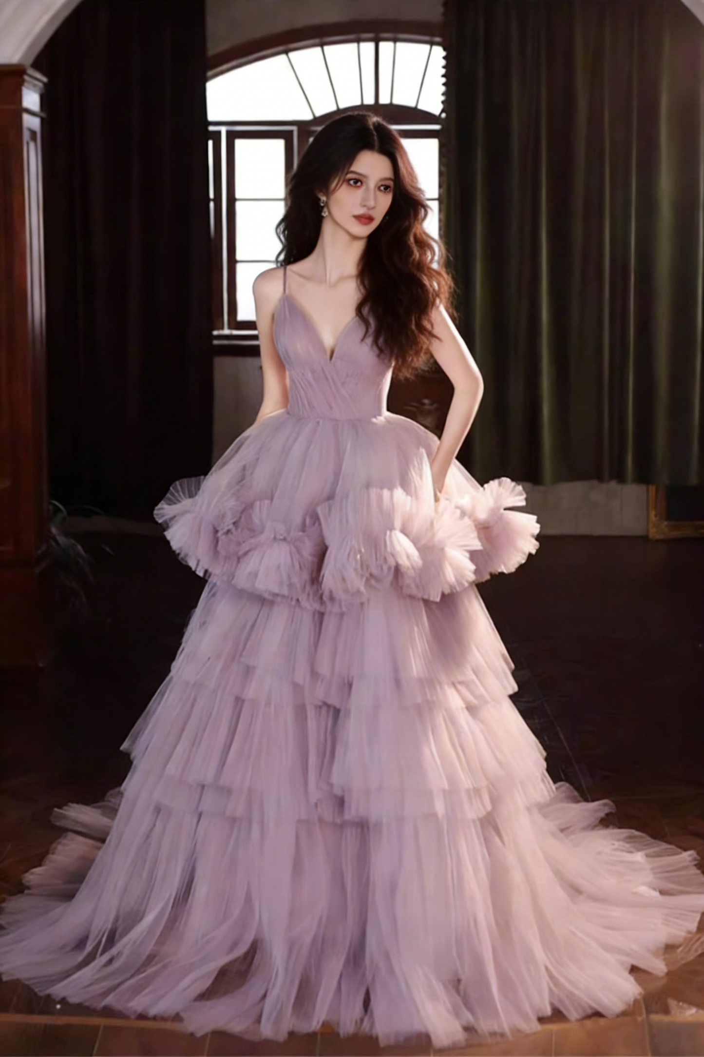 Fantastic A-Line Layered Spaghetti Strap Evening Gowns Ruffled Tulle Prom Dress AP5845