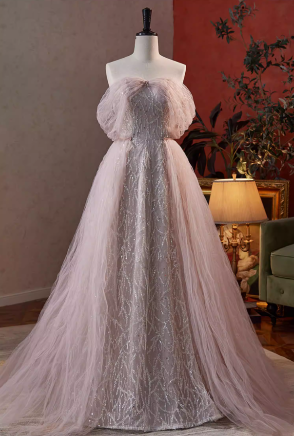 Cute A-Line Off-Shoulder Ruffled Tulle Evening Gowns Sequins Prom Dress AP5847