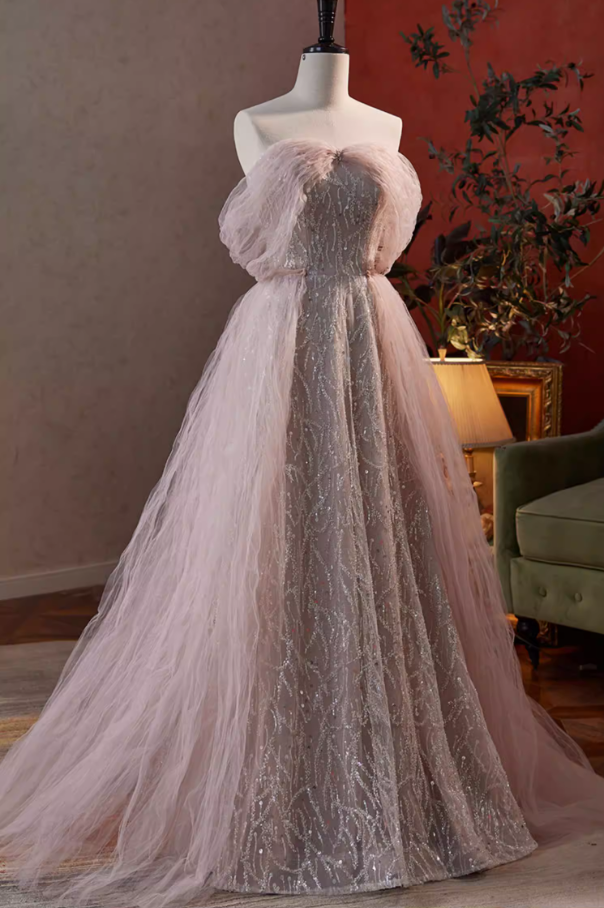 Cute A-Line Off-Shoulder Ruffled Tulle Evening Gowns Sequins Prom Dress AP5847