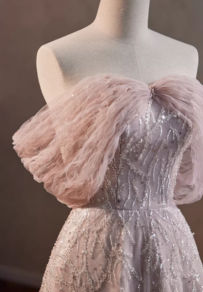 Cute A-Line Off-Shoulder Ruffled Tulle Evening Gowns Sequins Prom Dress AP5847