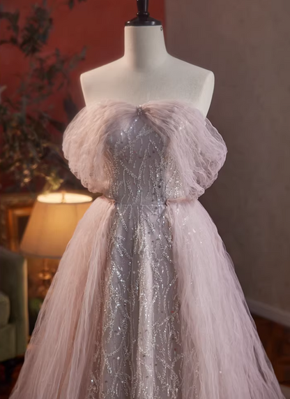 Cute A-Line Off-Shoulder Ruffled Tulle Evening Gowns Sequins Prom Dress AP5847