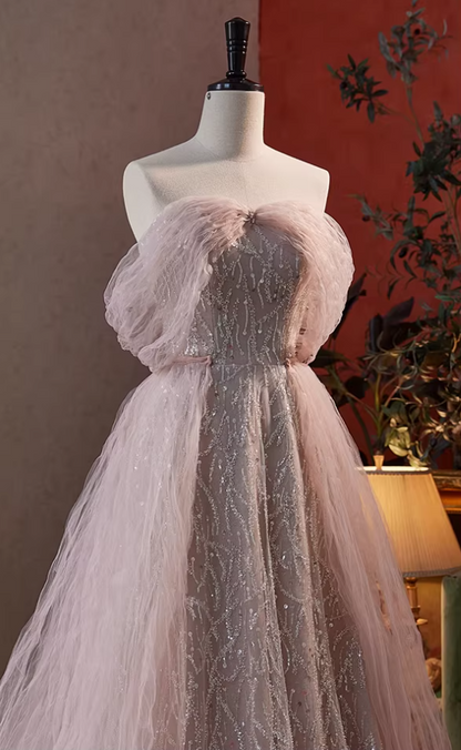 Cute A-Line Off-Shoulder Ruffled Tulle Evening Gowns Sequins Prom Dress AP5847
