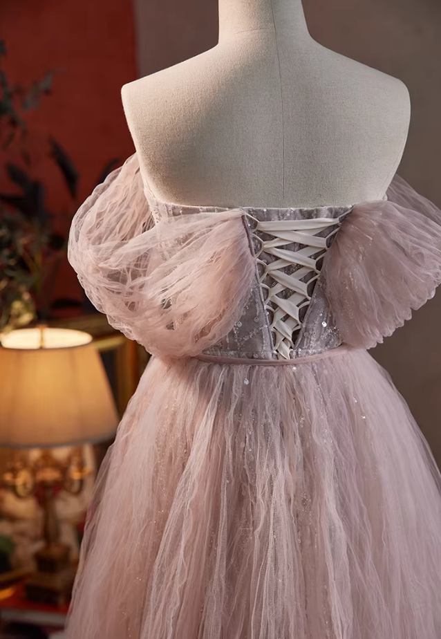 Cute A-Line Off-Shoulder Ruffled Tulle Evening Gowns Sequins Prom Dress AP5847