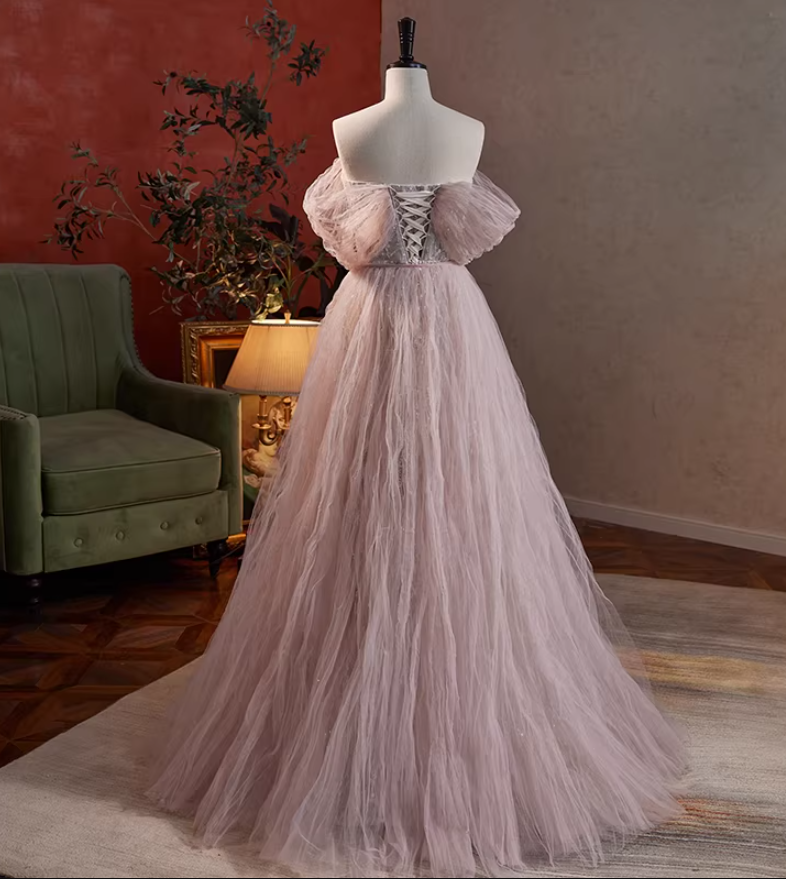 Cute A-Line Off-Shoulder Ruffled Tulle Evening Gowns Sequins Prom Dress AP5847