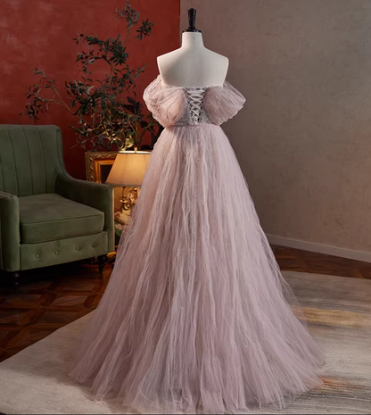 Cute A-Line Off-Shoulder Ruffled Tulle Evening Gowns Sequins Prom Dress AP5847