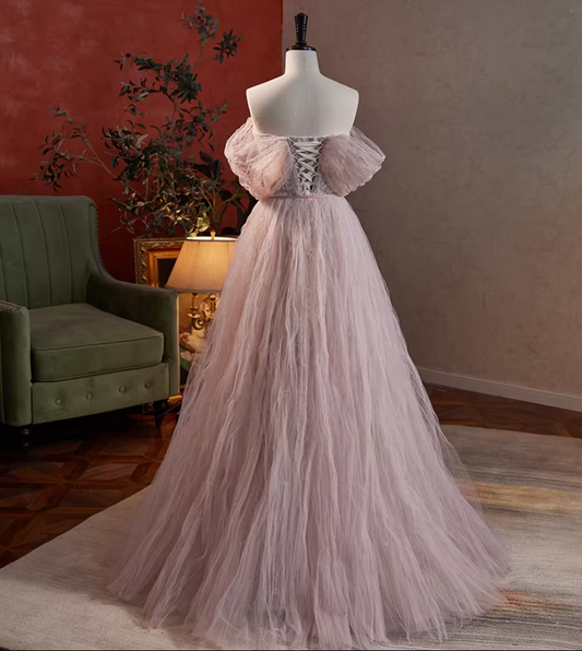 Cute A-Line Off-Shoulder Ruffled Tulle Evening Gowns Sequins Prom Dress AP5847