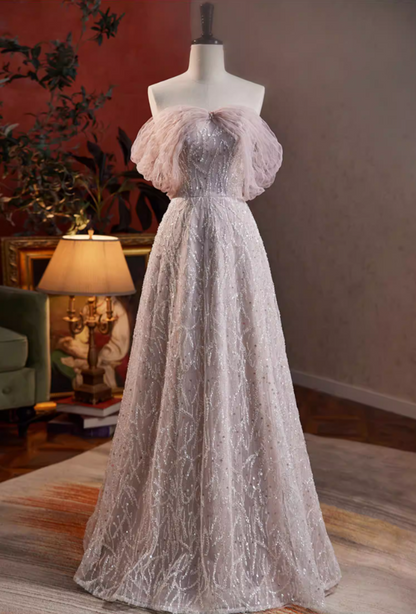 Cute A-Line Off-Shoulder Ruffled Tulle Evening Gowns Sequins Prom Dress AP5847