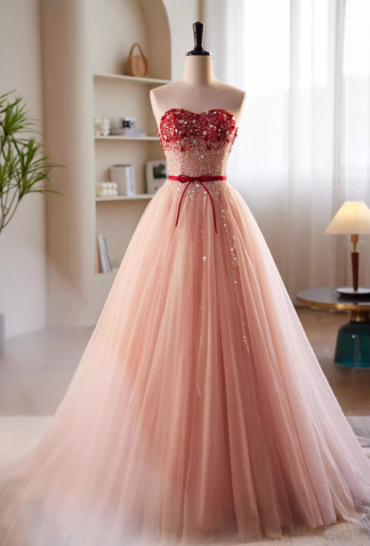 Vintage Layered Tulle Strapless A-Line Sweet 16th Gowns Sequins Beading Bow Prom Dress AP5848