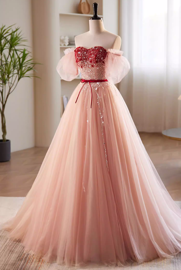 Vintage Layered Tulle Strapless A-Line Sweet 16th Gowns Sequins Beading Bow Prom Dress AP5848