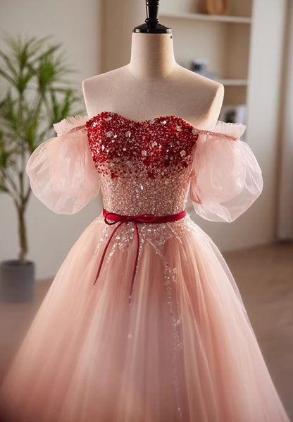Vintage Layered Tulle Strapless A-Line Sweet 16th Gowns Sequins Beading Bow Prom Dress AP5848