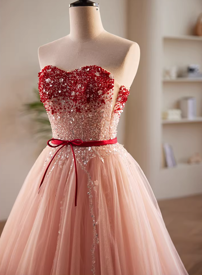 Vintage Layered Tulle Strapless A-Line Sweet 16th Gowns Sequins Beading Bow Prom Dress AP5848