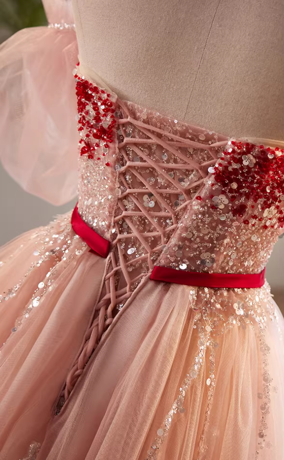 Vintage Layered Tulle Strapless A-Line Sweet 16th Gowns Sequins Beading Bow Prom Dress AP5848
