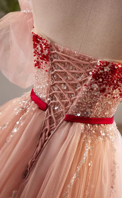 Vintage Layered Tulle Strapless A-Line Sweet 16th Gowns Sequins Beading Bow Prom Dress AP5848