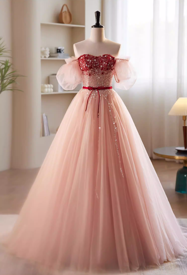 Vintage Layered Tulle Strapless A-Line Sweet 16th Gowns Sequins Beading Bow Prom Dress AP5848