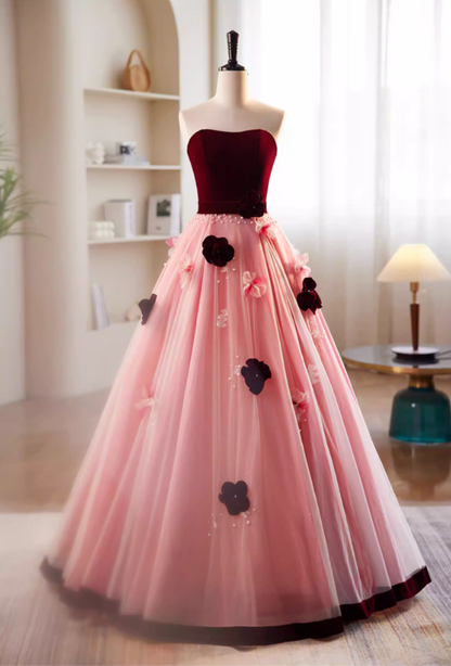 Artistic Strapless A-Line Velvet Tulle Sweet 16th Gowns 3D Appliques Beads Prom Dress AP5849