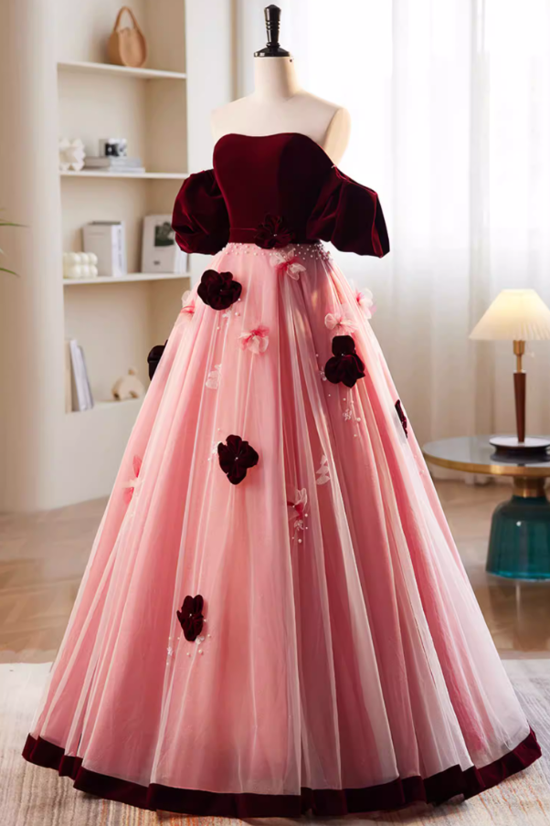 Artistic Strapless A-Line Velvet Tulle Sweet 16th Gowns 3D Appliques Beads Prom Dress AP5849