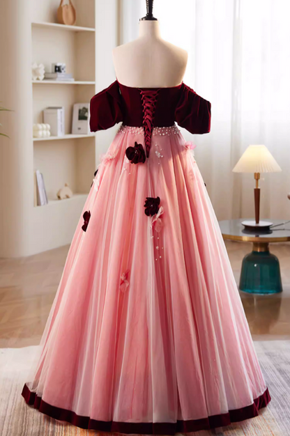 Artistic Strapless A-Line Velvet Tulle Sweet 16th Gowns 3D Appliques Beads Prom Dress AP5849