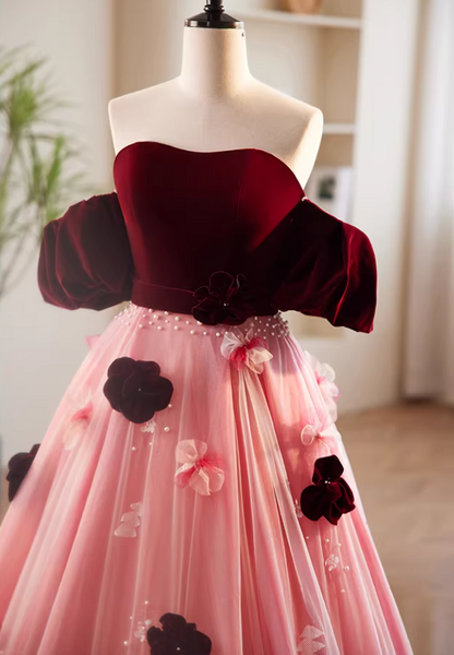 Artistic Strapless A-Line Velvet Tulle Sweet 16th Gowns 3D Appliques Beads Prom Dress AP5849
