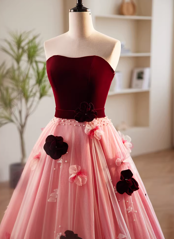 Artistic Strapless A-Line Velvet Tulle Sweet 16th Gowns 3D Appliques Beads Prom Dress AP5849