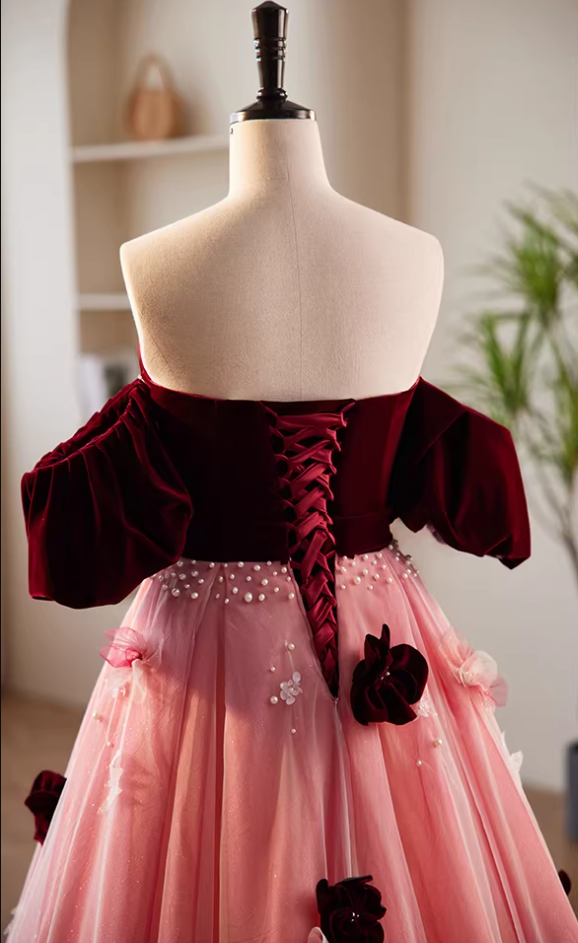Artistic Strapless A-Line Velvet Tulle Sweet 16th Gowns 3D Appliques Beads Prom Dress AP5849