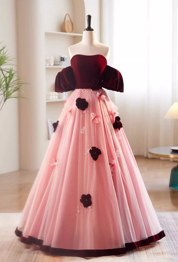 Artistic Strapless A-Line Velvet Tulle Sweet 16th Gowns 3D Appliques Beads Prom Dress AP5849