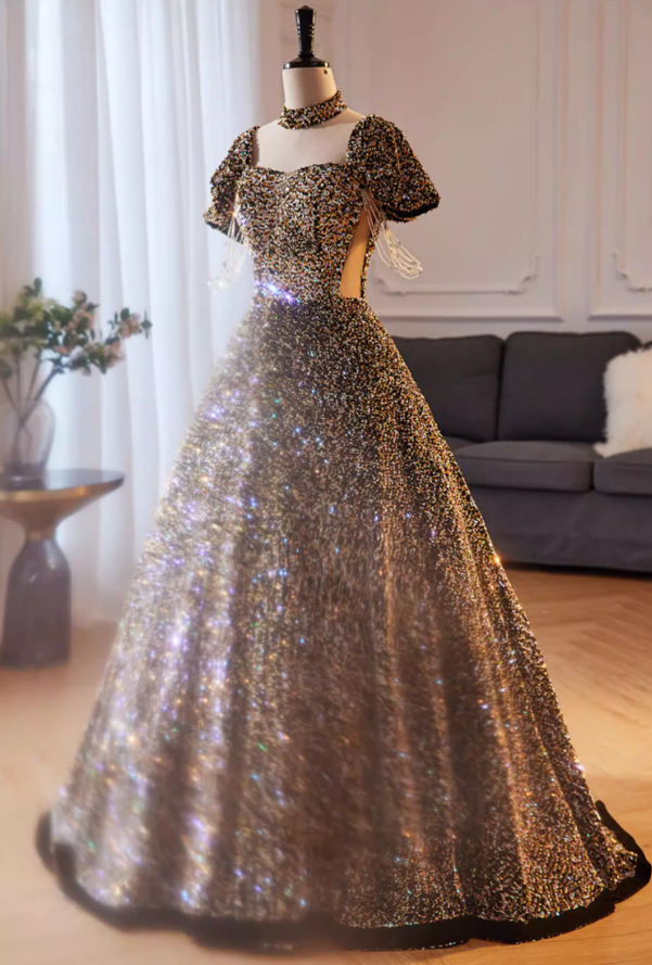 Ethereal Square Neck A-Line Cutout Sweet 16th Gowns Short Sleeve Sequins Beading Prom Dress AP5851