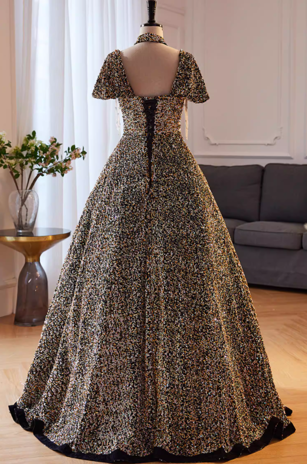 Ethereal Square Neck A-Line Cutout Sweet 16th Gowns Short Sleeve Sequins Beading Prom Dress AP5851