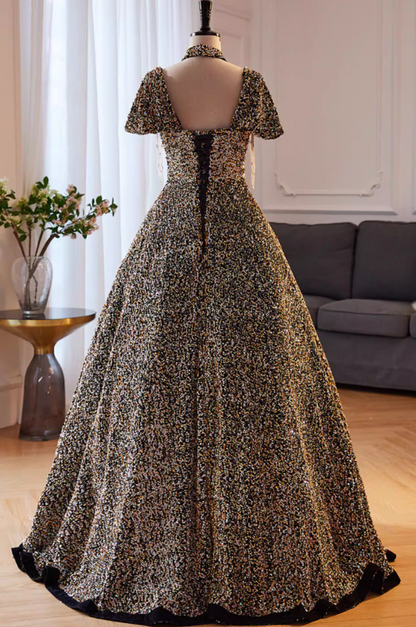 Ethereal Square Neck A-Line Cutout Sweet 16th Gowns Short Sleeve Sequins Beading Prom Dress AP5851