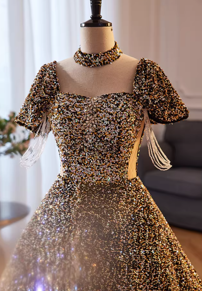 Ethereal Square Neck A-Line Cutout Sweet 16th Gowns Short Sleeve Sequins Beading Prom Dress AP5851