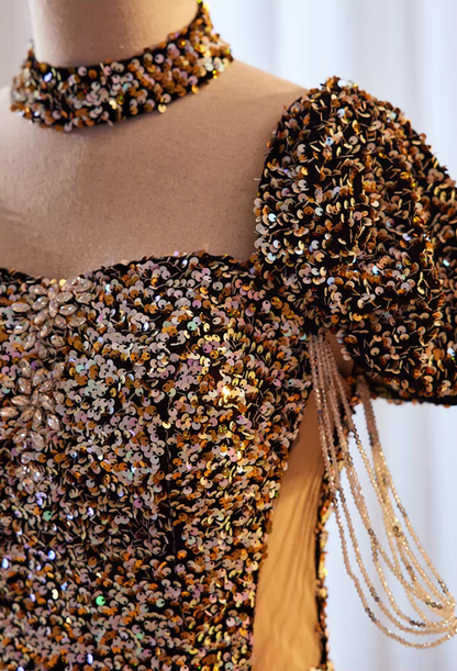 Ethereal Square Neck A-Line Cutout Sweet 16th Gowns Short Sleeve Sequins Beading Prom Dress AP5851