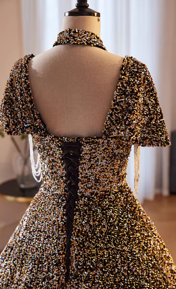 Ethereal Square Neck A-Line Cutout Sweet 16th Gowns Short Sleeve Sequins Beading Prom Dress AP5851