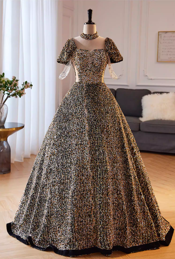 Ethereal Square Neck A-Line Cutout Sweet 16th Gowns Short Sleeve Sequins Beading Prom Dress AP5851