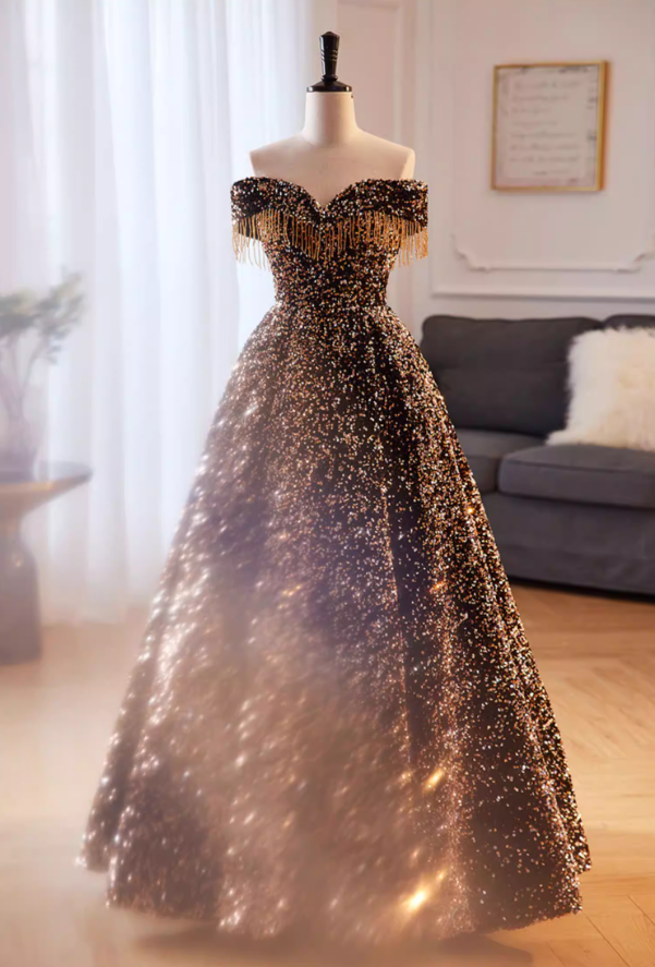Sheen A-Line Off-Shoulder Evening Gowns Tassel Sequins Prom Dress AP5852