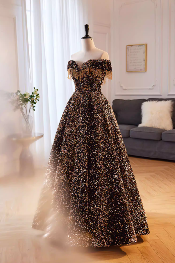 Sheen A-Line Off-Shoulder Evening Gowns Tassel Sequins Prom Dress AP5852