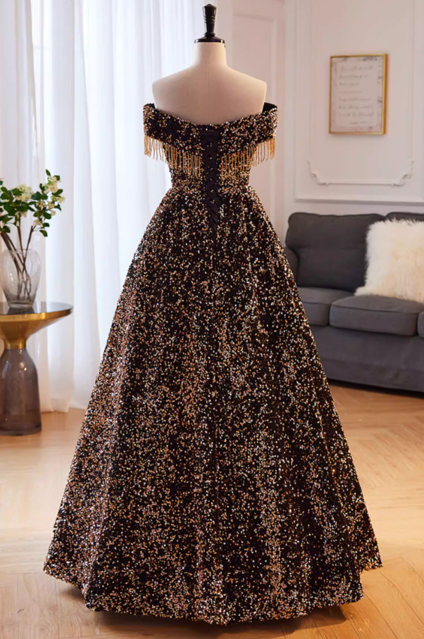 Sheen A-Line Off-Shoulder Evening Gowns Tassel Sequins Prom Dress AP5852