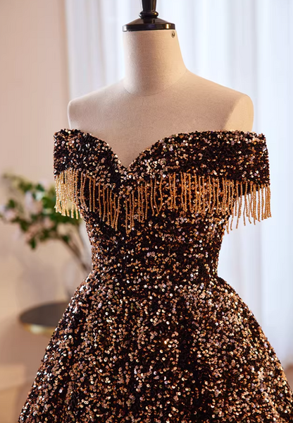 Sheen A-Line Off-Shoulder Evening Gowns Tassel Sequins Prom Dress AP5852
