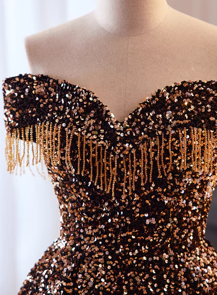 Sheen A-Line Off-Shoulder Evening Gowns Tassel Sequins Prom Dress AP5852