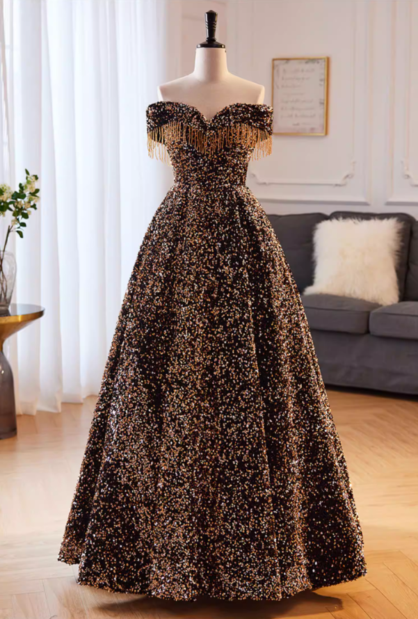Sheen A-Line Off-Shoulder Evening Gowns Tassel Sequins Prom Dress AP5852