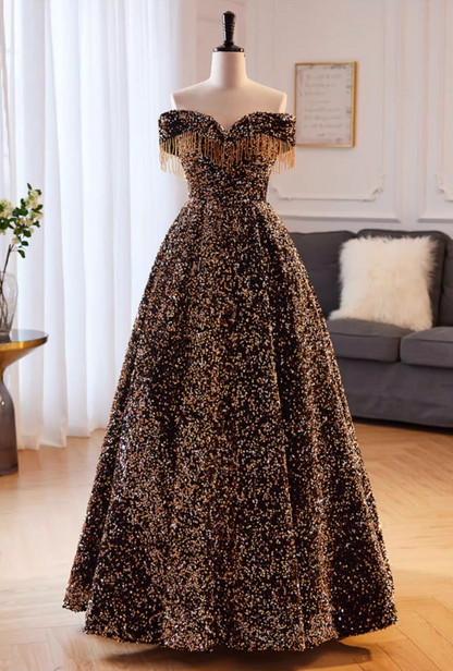 Sheen A-Line Off-Shoulder Evening Gowns Tassel Sequins Prom Dress AP5852