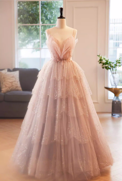 Gorgeous A-Line Spaghetti Strap Tiered Evening Gowns Appliques Sequins Prom Dress AP5854