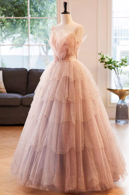 Gorgeous A-Line Spaghetti Strap Tiered Evening Gowns Appliques Sequins Prom Dress AP5854